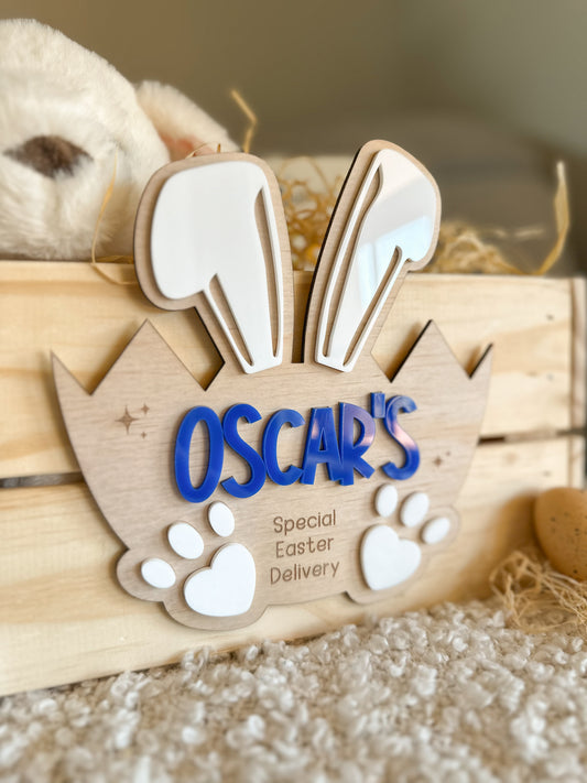 Personalised Easter Crate Plaque | Cracked Egg Bunny Design Easter Basket Name Sign