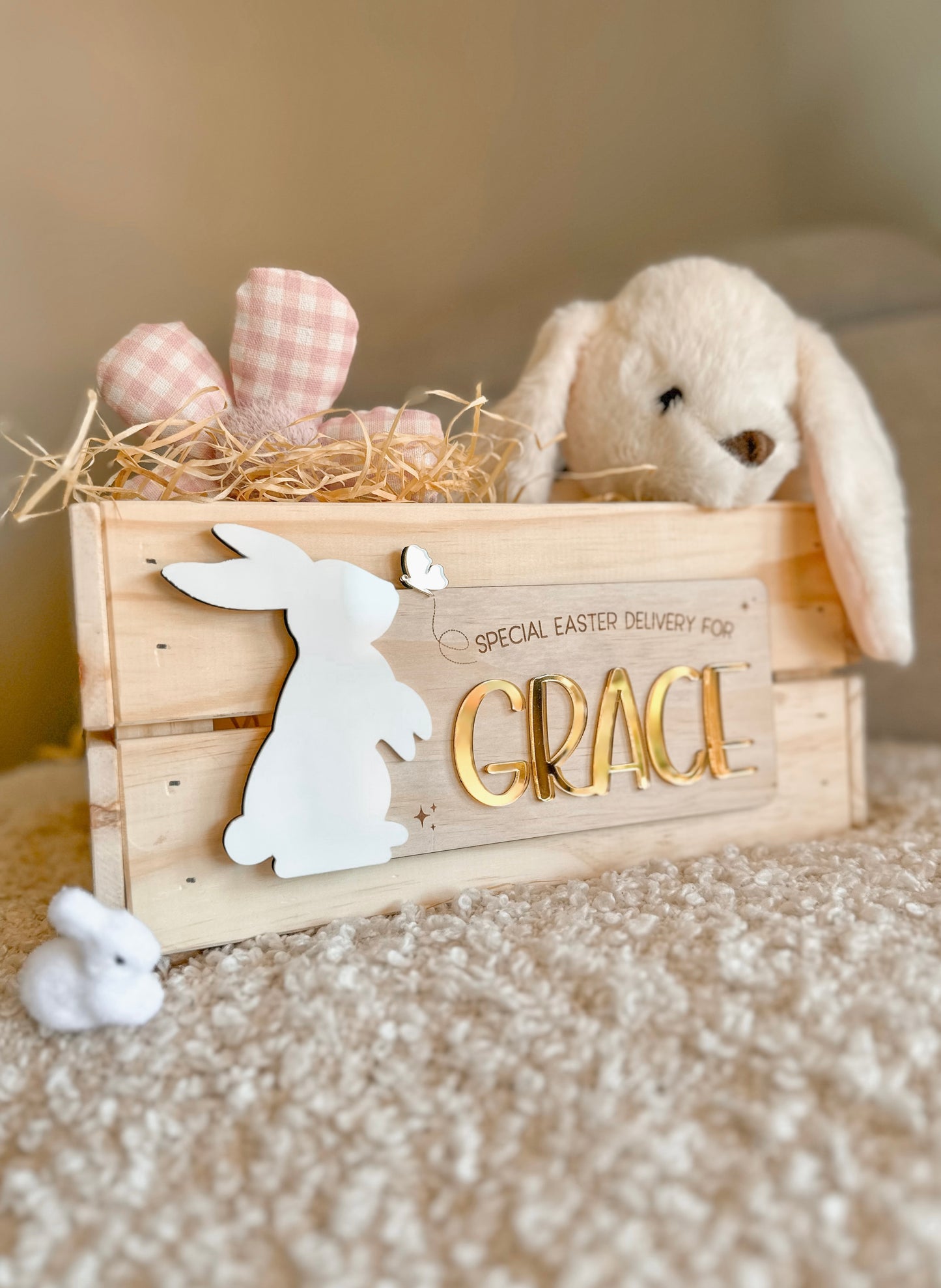 Personalised Easter Crate Plaque with Acrylic Bunny & Gold Butterfly | Custom Wooden Easter Basket Name Sign