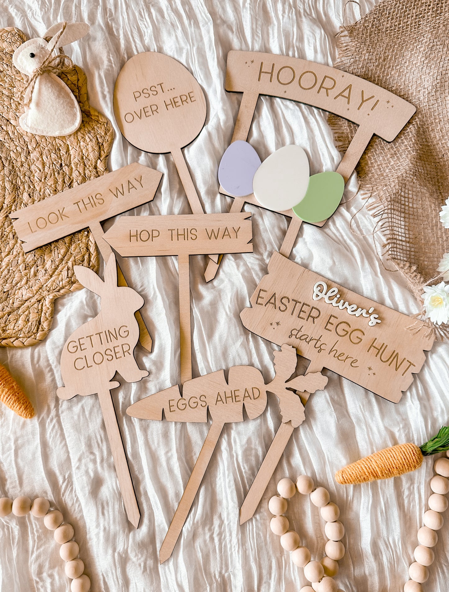 Personalised Easter Egg Hunt Wooden Sign Set | 7 Kids Easter Garden Stakes | Outdoor Easter Spike Decorations