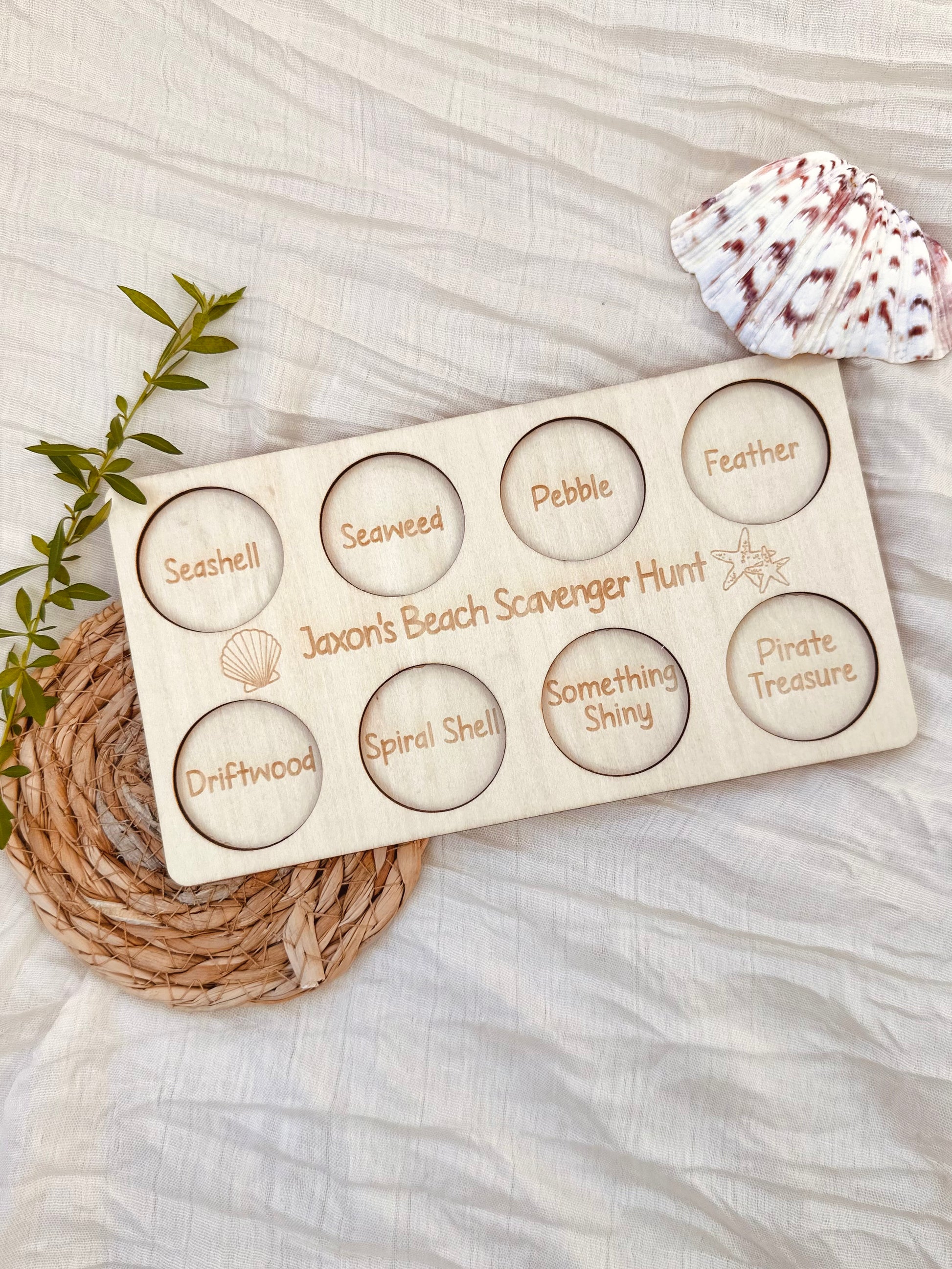 Beach-themed wooden scavenger hunt board, beach activity, summer holiday activity, game for beach, beach holidays, christmas stocking stuffer, educational, home school, homeschool, beach scavenger hunt, nature treasure hunt, pirate treasure
