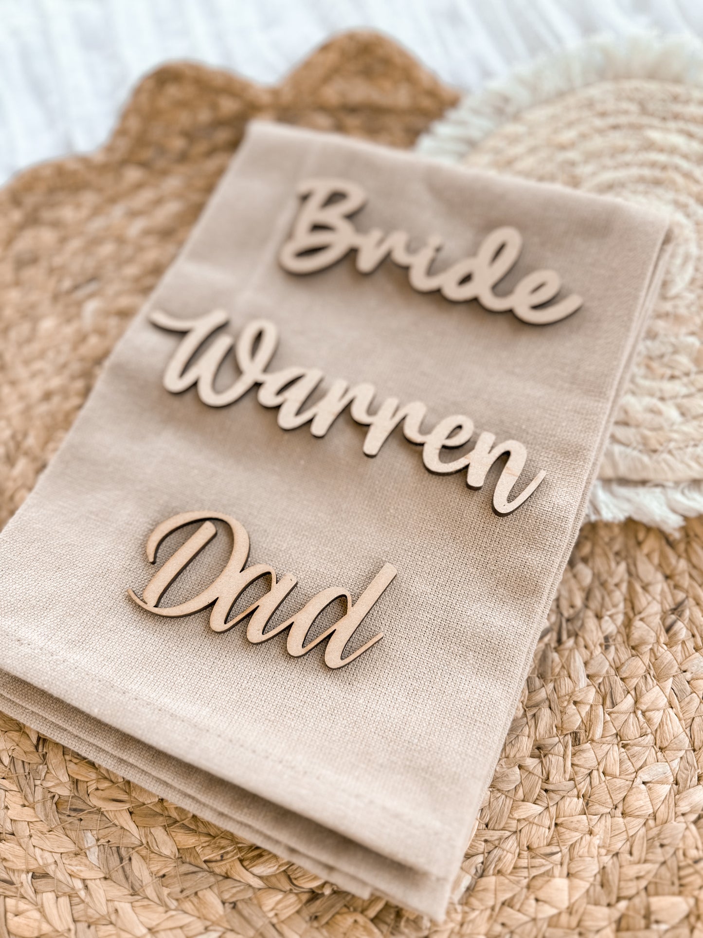 wooden name place cards, timber name cut-outs, wedding place cards, wedding favours, business and events placecards, seating chart, wedding seating, mdf name cards, laser cut names