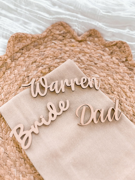 wooden name place cards, timber name cut-outs, wedding place cards, wedding favours, business and events placecards, seating chart, wedding seating, mdf name cards, laser cut names