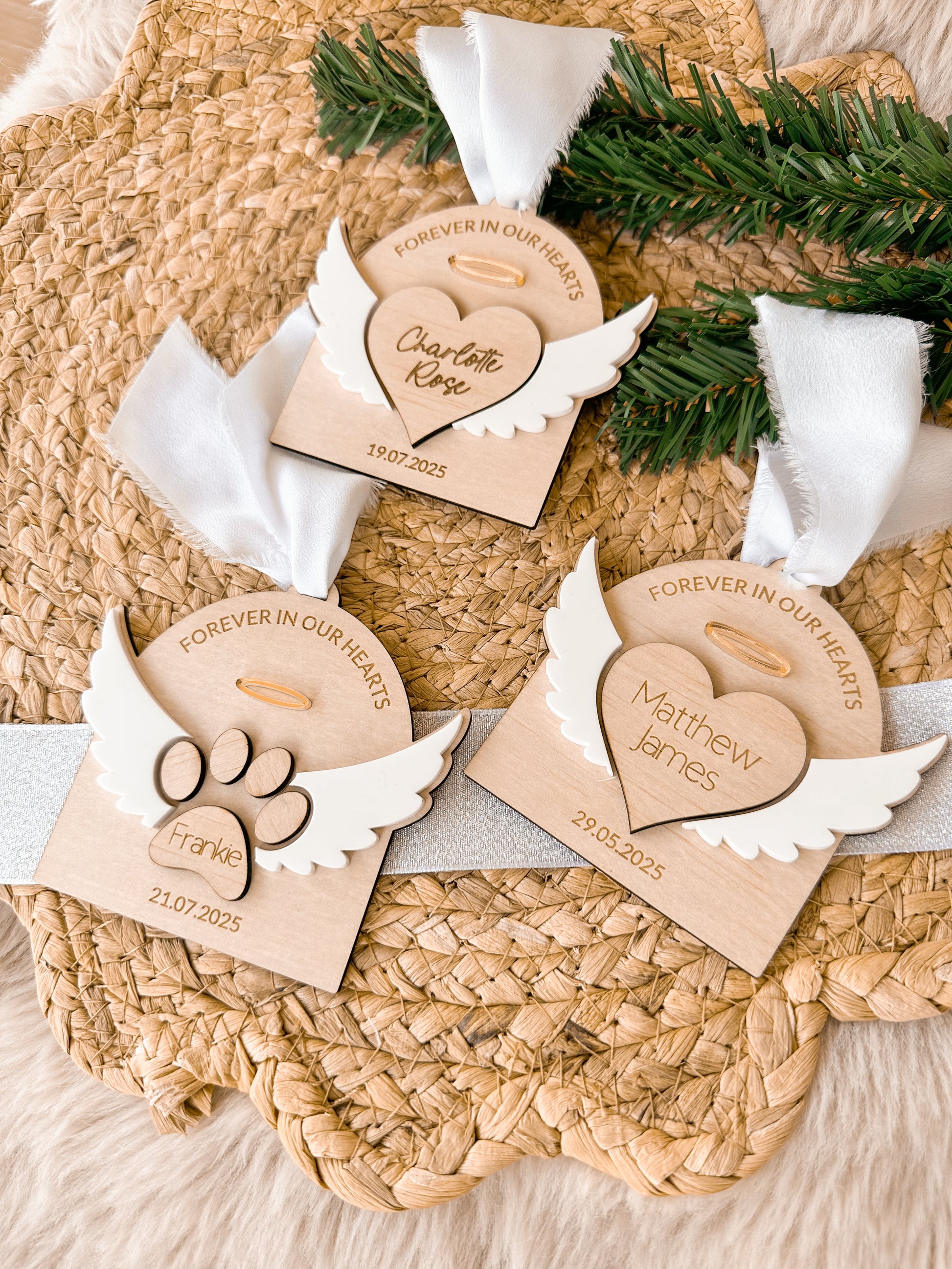 personalised memorial angel wing christmas ornament for christmas tree, mirror acrylic and wooden engraved custom ornament, angel wing and halo design, heart memorial ornament for lost loved ones in heaven, paw prints, lost pets