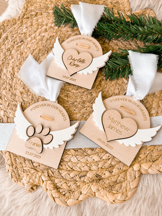 personalised memorial angel wing christmas ornament for christmas tree, mirror acrylic and wooden engraved custom ornament, angel wing and halo design, heart memorial ornament for lost loved ones in heaven, paw prints, lost pets