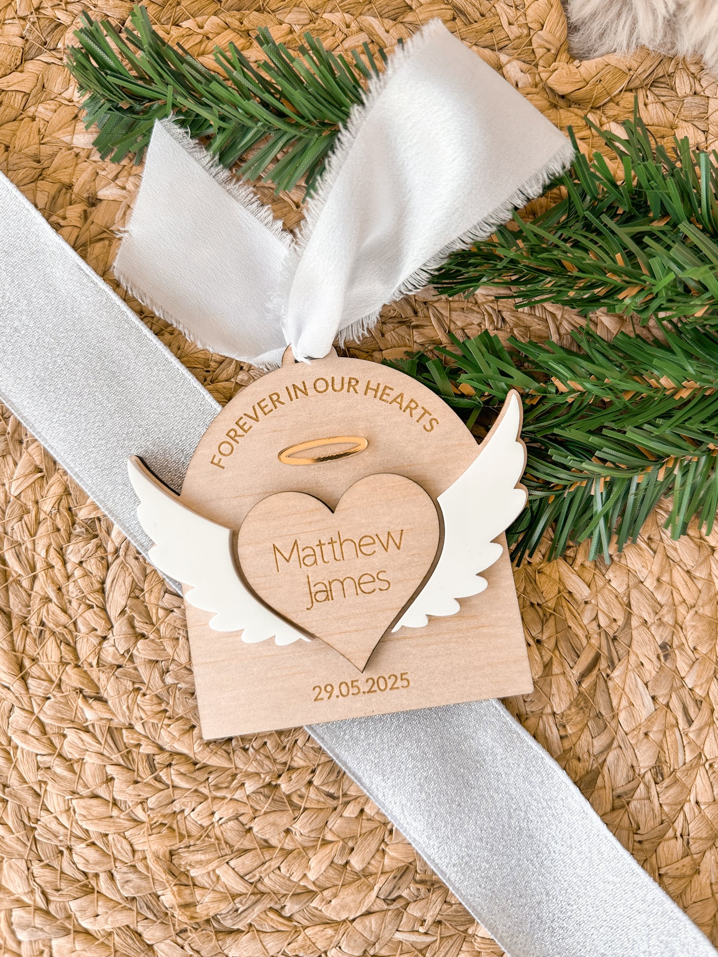 personalised memorial angel wing christmas ornament for christmas tree, mirror acrylic and wooden engraved custom ornament, angel wing and halo design, heart memorial ornament for lost loved ones in heaven, paw prints, lost pets