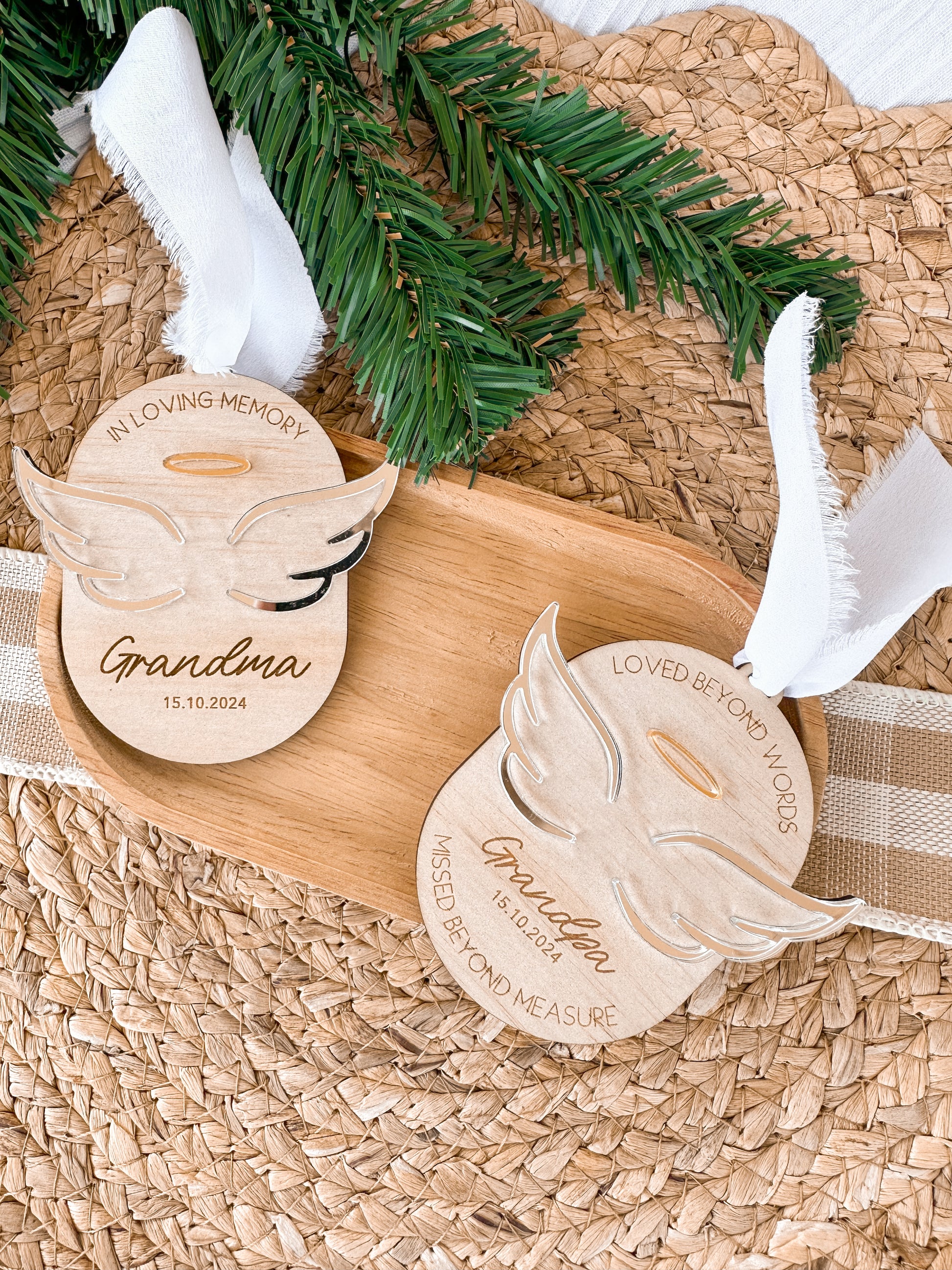 personalised memorial angel wing christmas ornament for christmas tree, mirror acrylic and wooden engraved custom ornament, angel wing and halo design