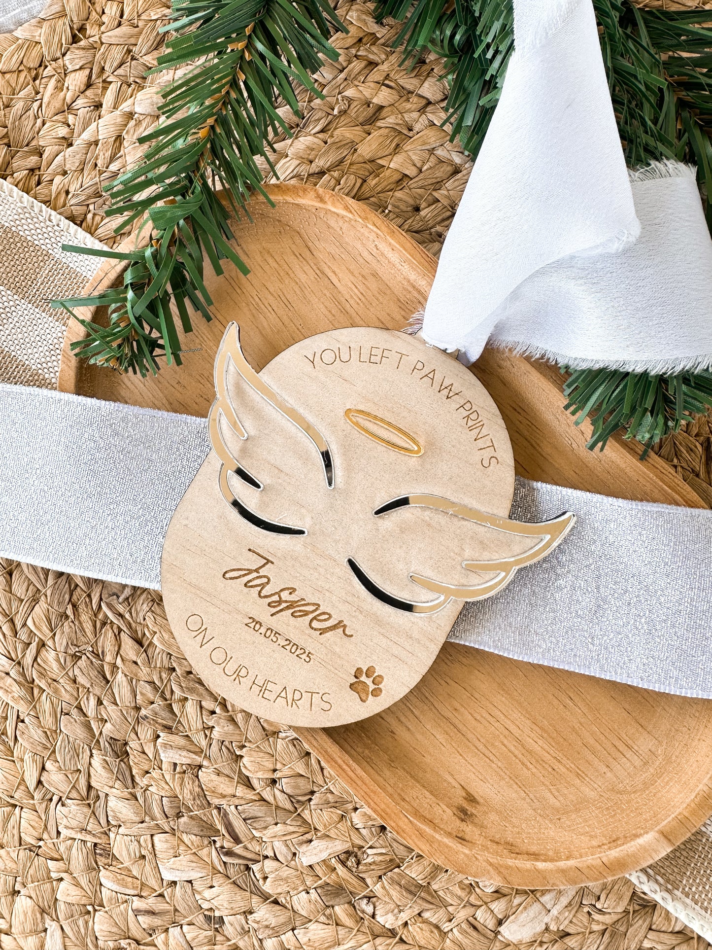 personalised memorial angel wing christmas ornament for christmas tree, mirror acrylic and wooden engraved custom ornament, angel wing and halo design