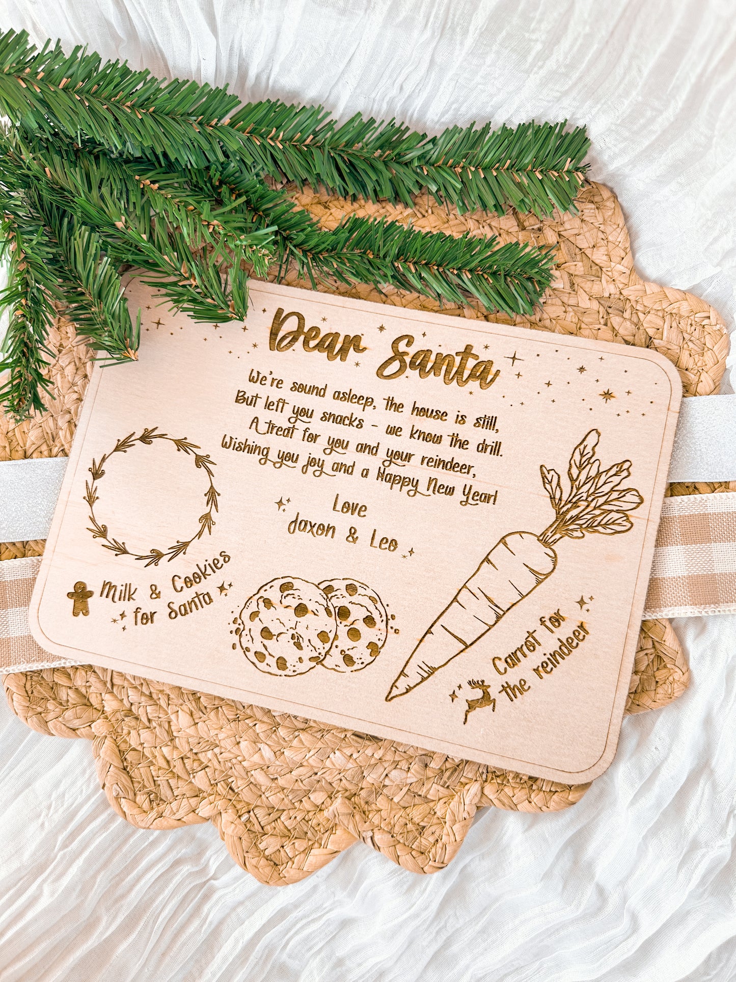 Custom engraved wooden Santa treat tray for Christmas eve tradition, timber Dear Santa board for Santa's milk, cookies, and reindeer carrot snacks