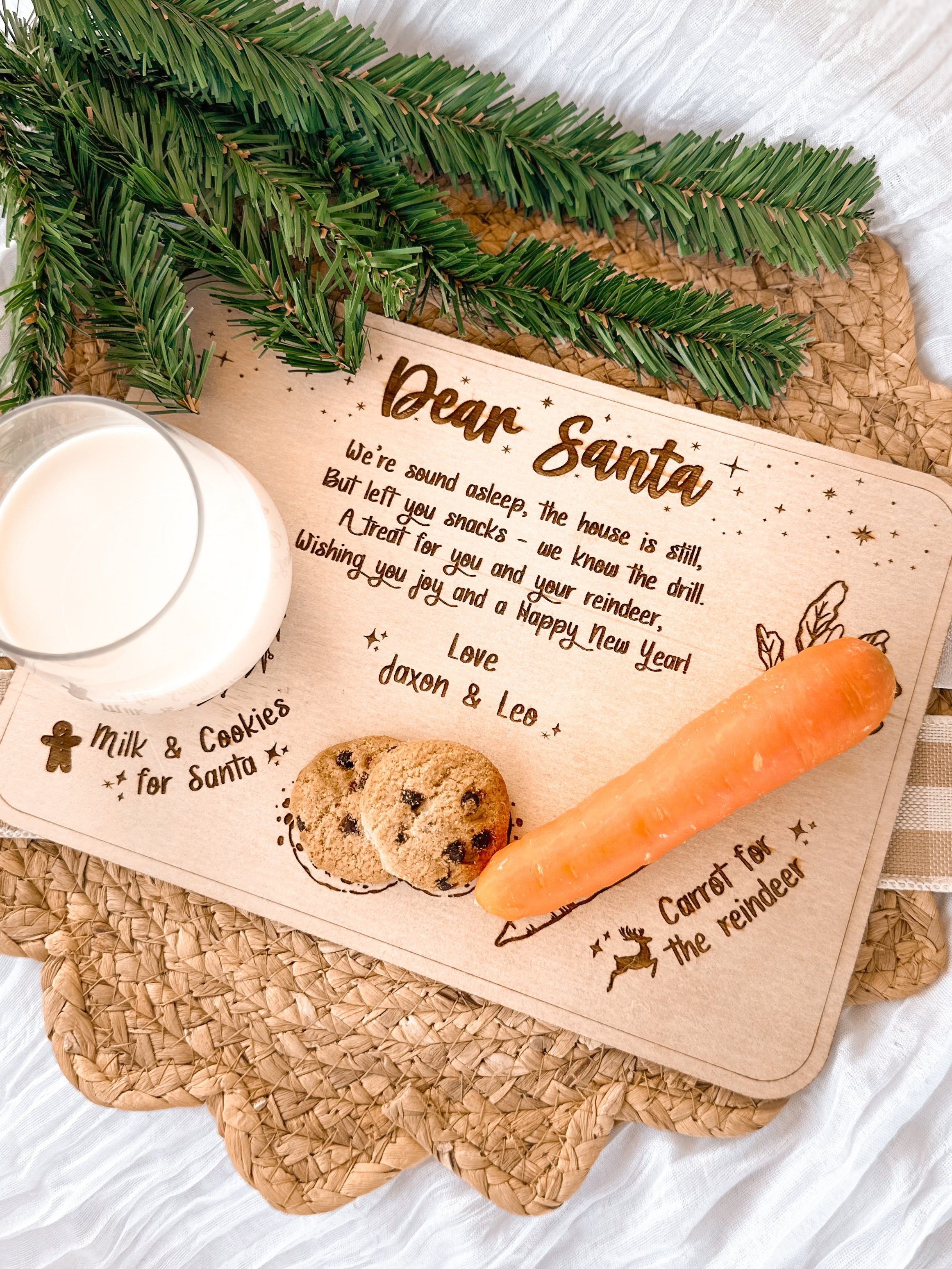 Custom engraved wooden Santa treat tray for Christmas eve tradition, timber Dear Santa board for Santa's milk, cookies, and reindeer carrot snacks