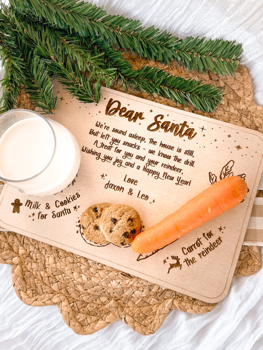 Custom engraved wooden Santa treat tray for Christmas eve tradition, timber Dear Santa board for Santa's milk, cookies, and reindeer carrot snacks