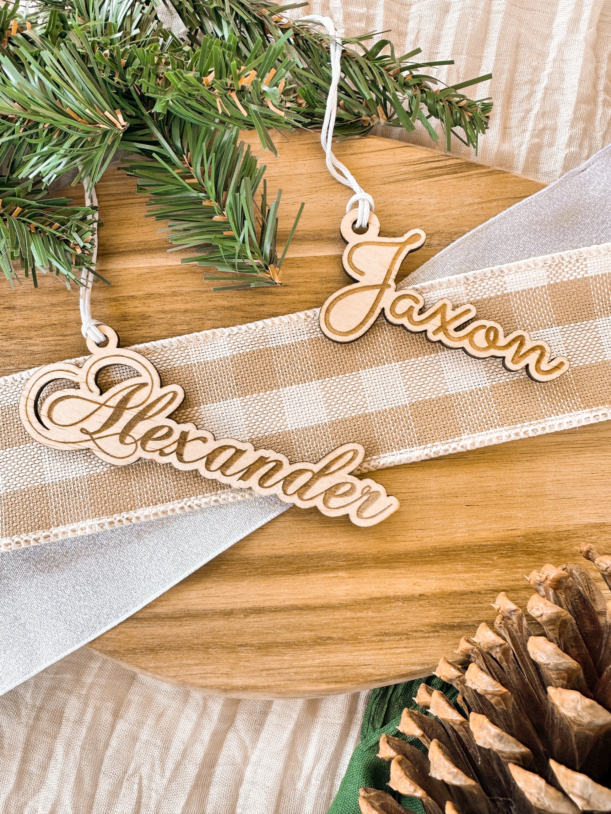 luxurious timber engraved name gift tags for christmas gifting, christmas name tags, wooden name engraving