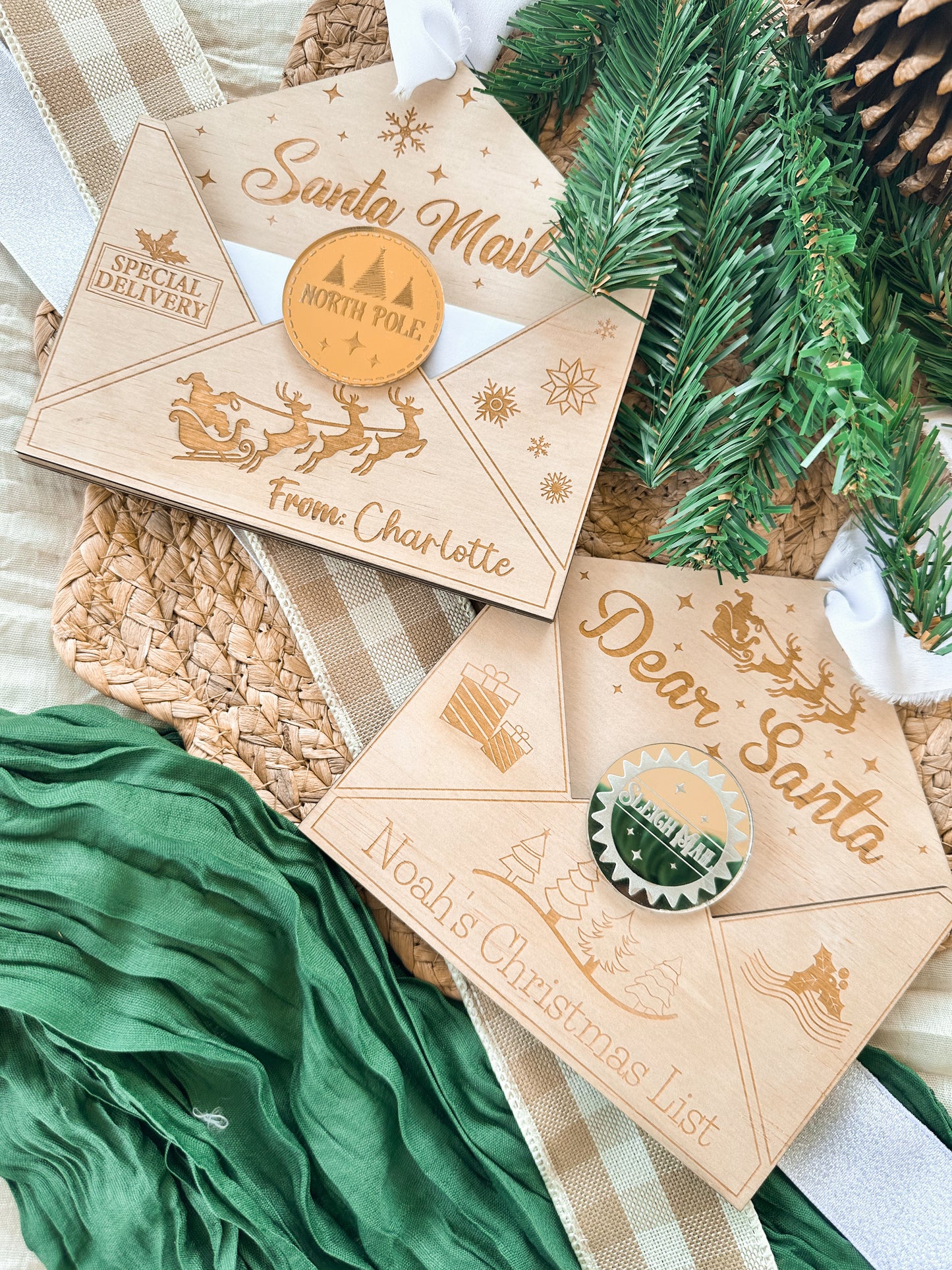 personalised letter to santa envelopes to hang on christmas tree, custom engraved christmas tree ornament for kids, christmas wishlist for santa, wooden timber christmas envelope