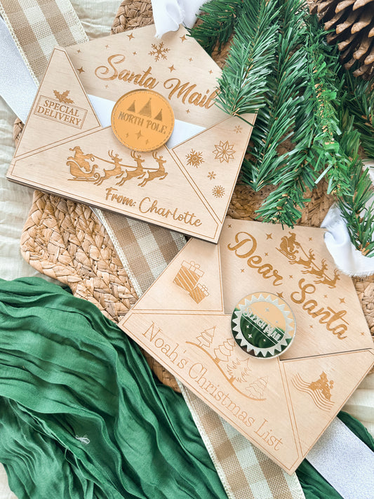 personalised letter to santa envelopes to hang on christmas tree, custom engraved christmas tree ornament for kids, christmas wishlist for santa, wooden timber christmas envelope