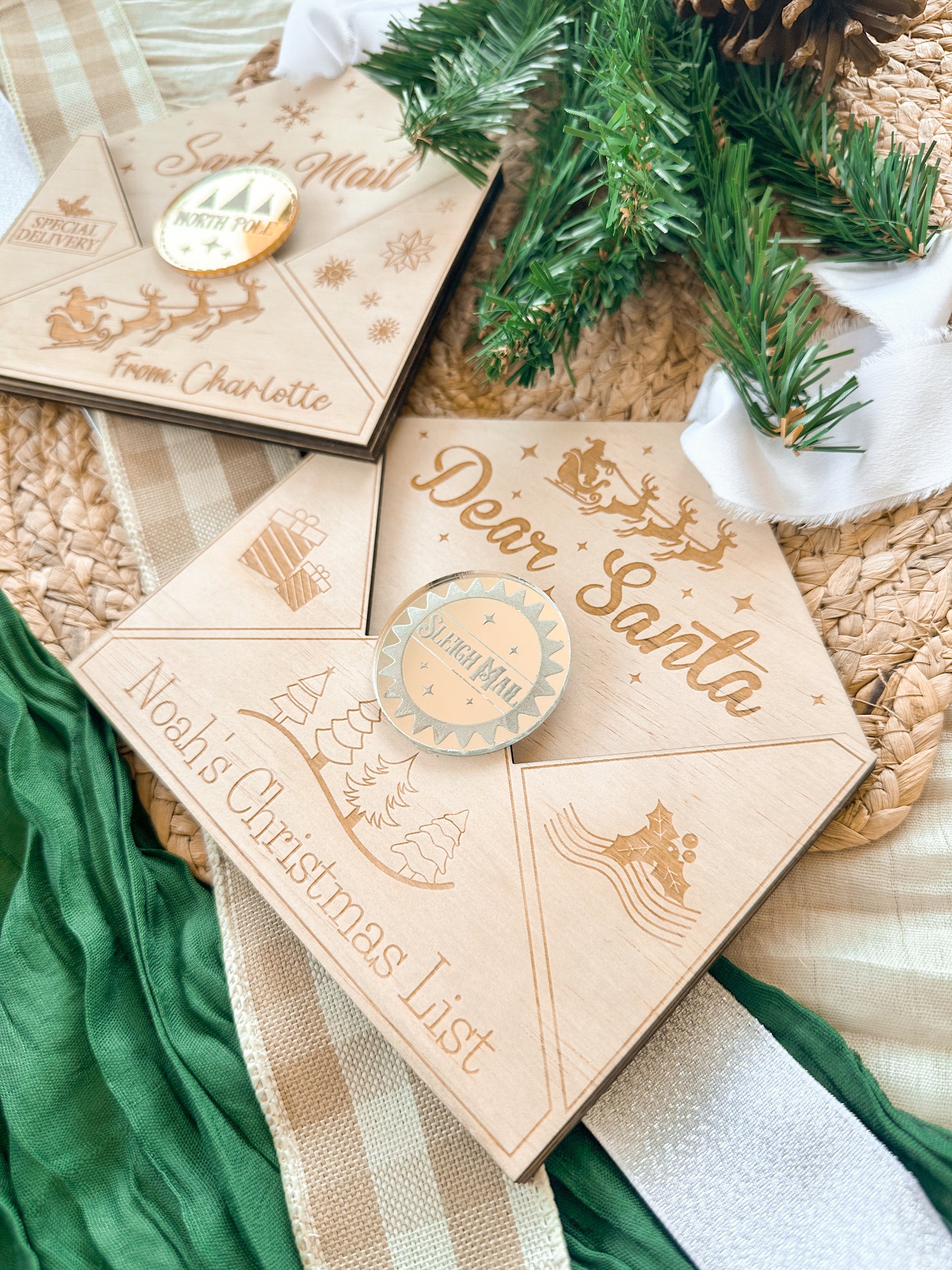 personalised letter to santa envelopes to hang on christmas tree, custom engraved christmas tree ornament for kids, christmas wishlist for santa, wooden timber christmas envelope