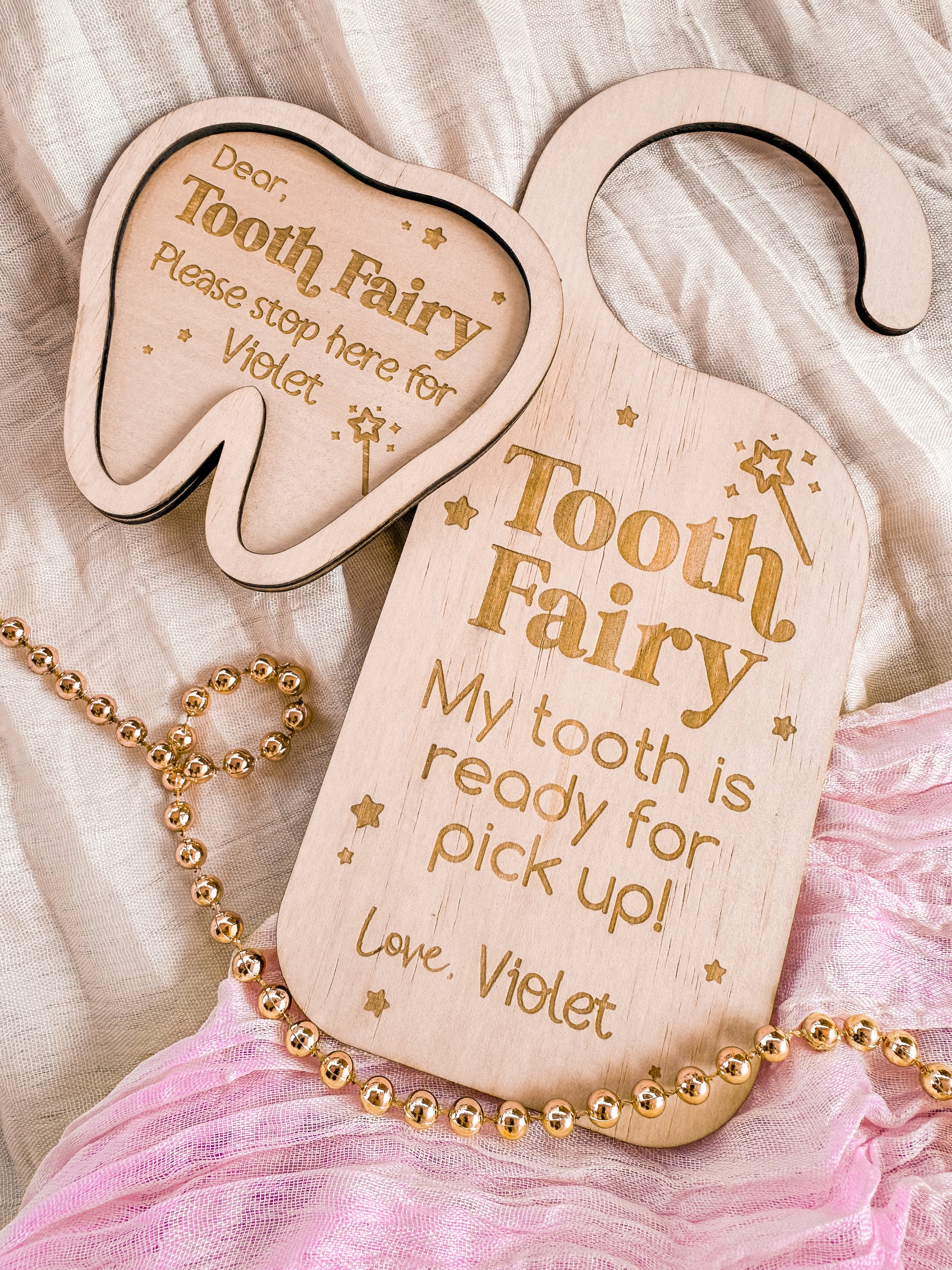 Tooth fairy door hanger sign for kids and tooth fairy trinket tray dish for lost tooth, personalised wooden engraved sign