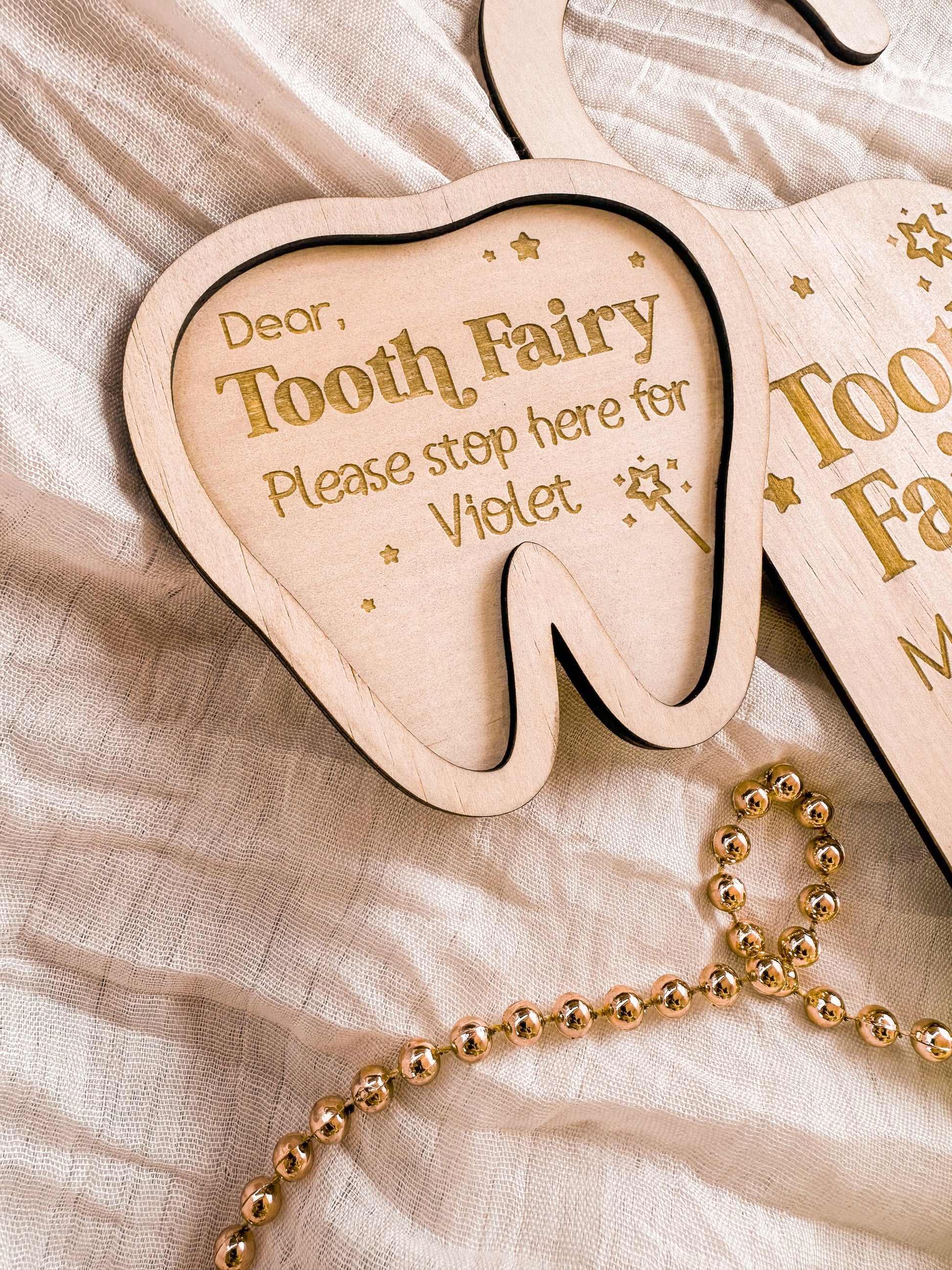 Tooth fairy door hanger sign for kids and tooth fairy trinket tray dish for lost tooth, personalised wooden engraved sign