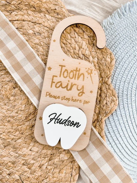 kids tooth fairy door hanger with dropbox for tooth and money, tooth fairy sign, please stop here, custom child keepsake, lost tooth, teeth, magical tooth fairy exchange