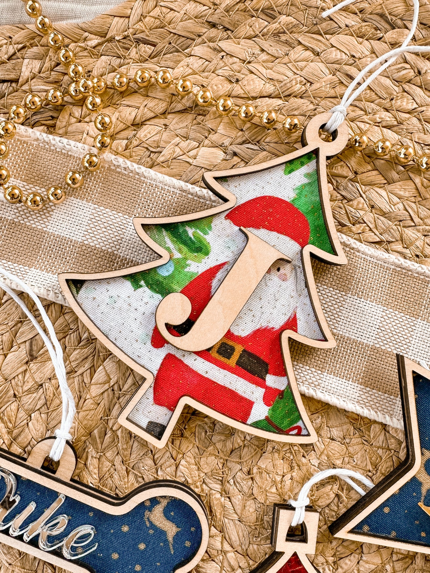 Personalised decorative christmas ornaments, fabric backed, wood, mirror acrylic designs, santa, stars, bone, christmas tree, baubles, presents reindeer, christmas designs, custom christmas tree ornament