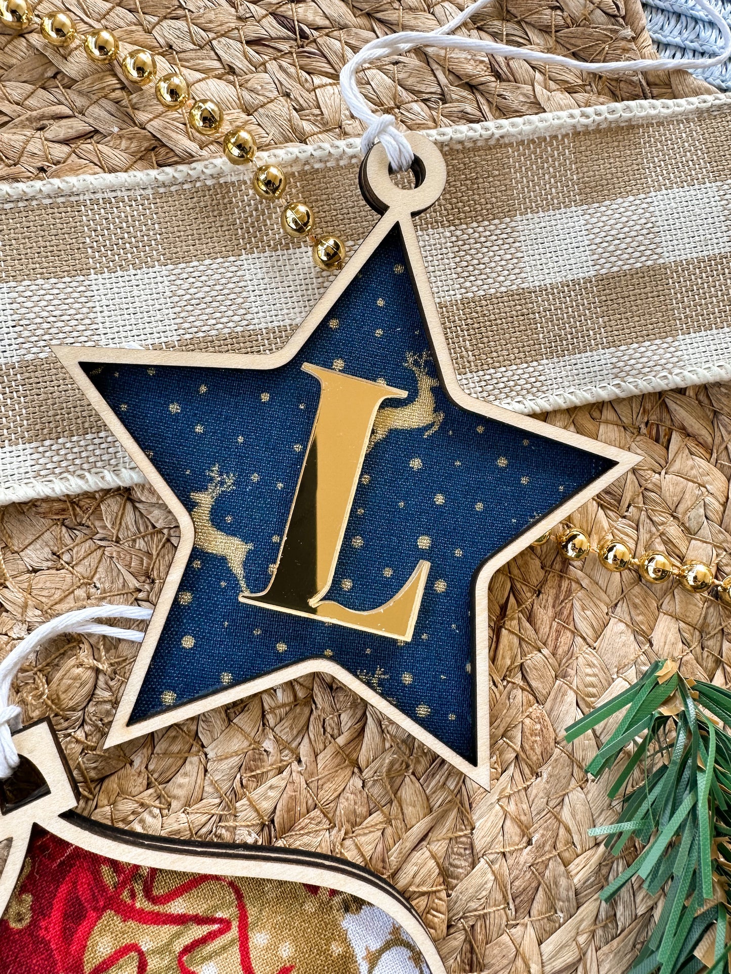Personalised decorative christmas ornaments, fabric backed, wood, mirror acrylic designs, santa, stars, bone, christmas tree, baubles, presents reindeer, christmas designs, custom christmas tree ornament
