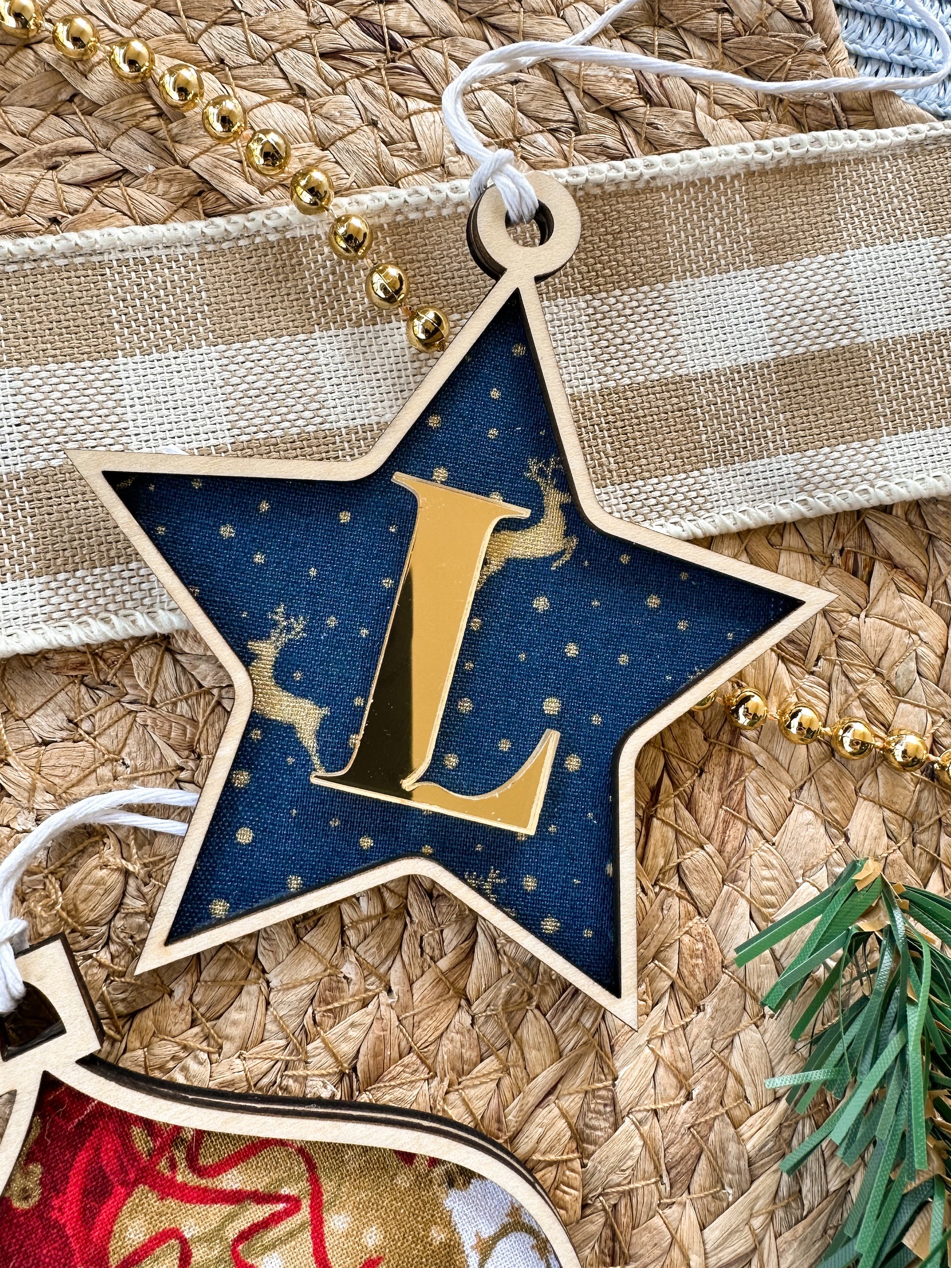 Personalised decorative christmas ornaments, fabric backed, wood, mirror acrylic designs, santa, stars, bone, christmas tree, baubles, presents reindeer, christmas designs, custom christmas tree ornament