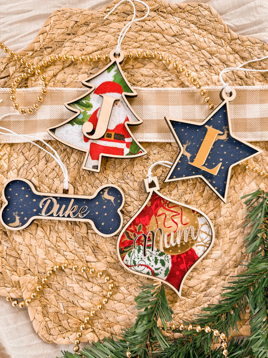 Personalised decorative christmas ornaments, fabric backed, wood, mirror acrylic designs, santa, stars, bone, christmas tree, baubles, presents reindeer, christmas designs, christmas tree ornament