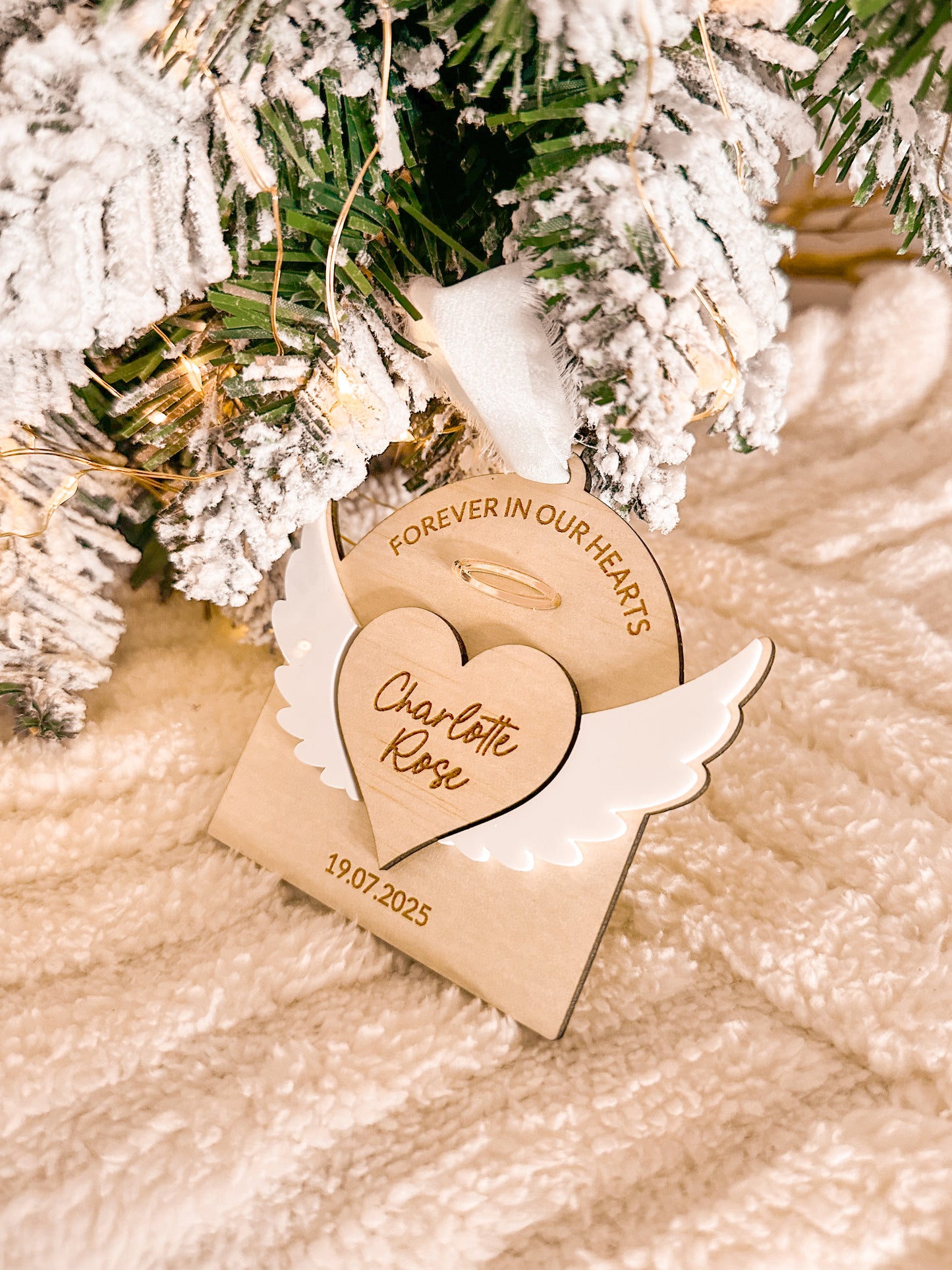 personalised memorial angel wing christmas ornament for christmas tree, mirror acrylic and wooden engraved custom ornament, angel wing and halo design, heart memorial ornament for lost loved ones in heaven, paw prints, lost pets