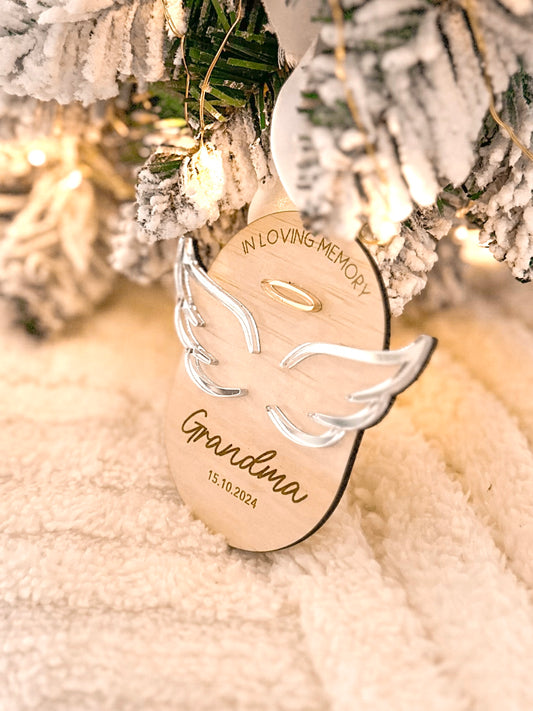 personalised memorial angel wing christmas ornament for christmas tree, mirror acrylic and wooden engraved custom ornament, angel wing and halo design
