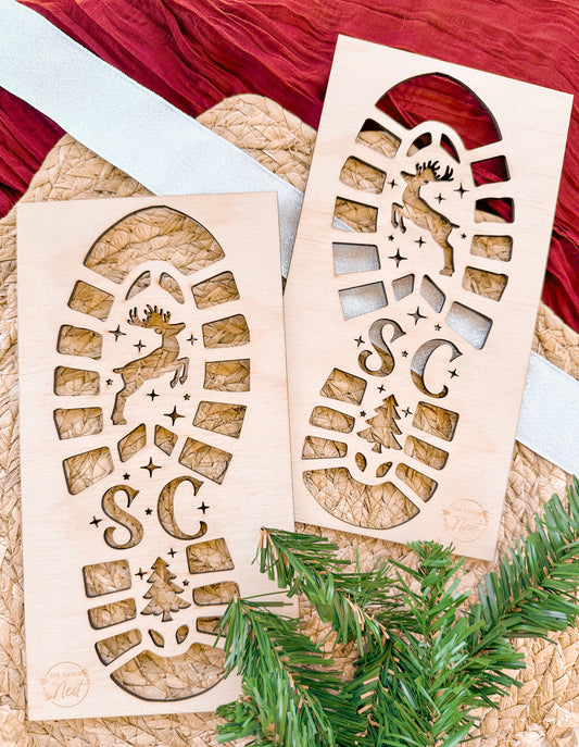 christmas stencils for christmas morning magic, santa feet, reindeer feet, elf feet wooden stencils, cutouts for tracks, santa boot