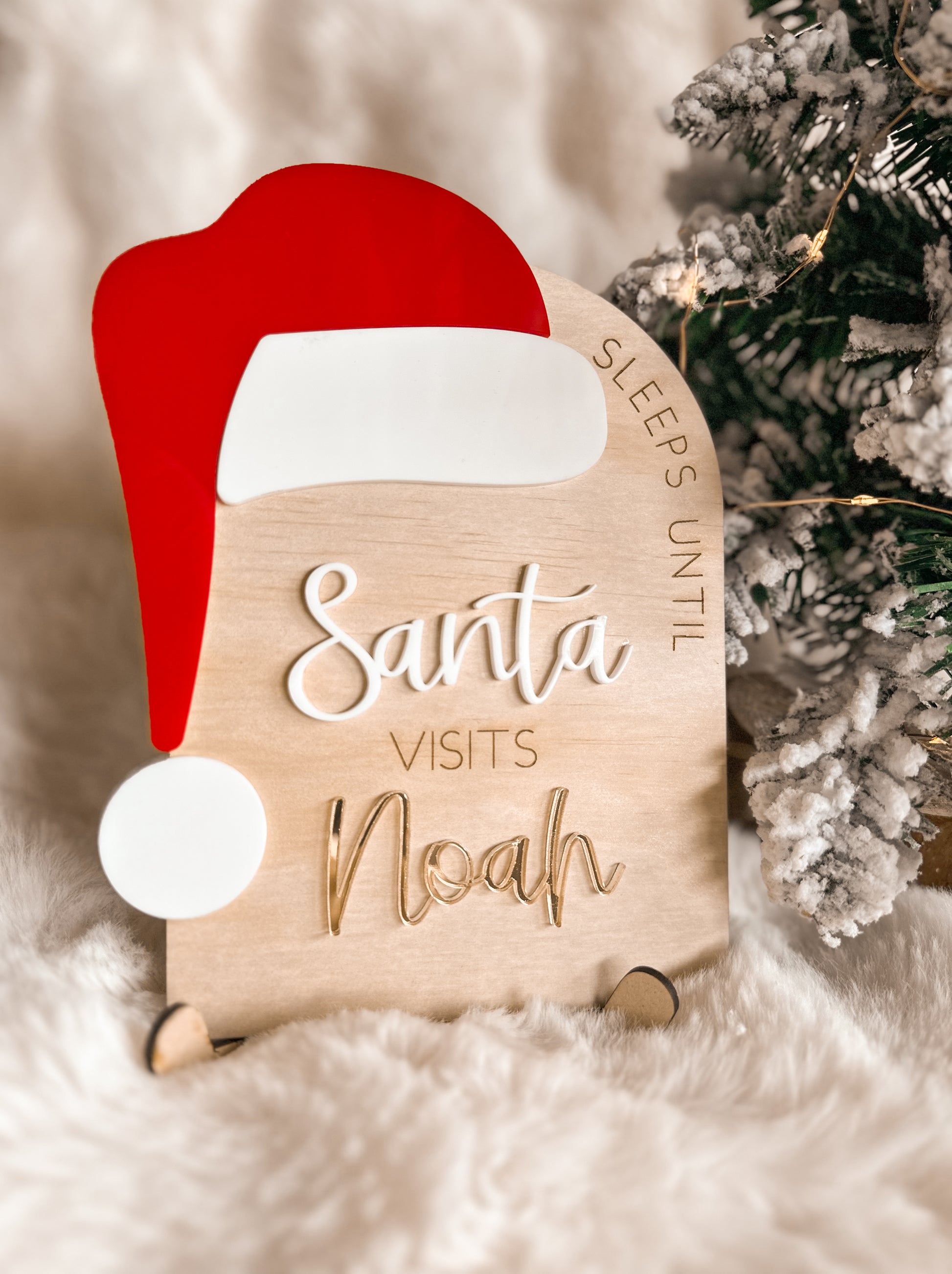 Wooden Christmas count down sign with Santa hat design, write on whiteboard dry erase marker, Sleeps until Santa visits