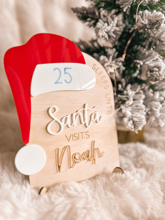Wooden Christmas count down sign with Santa hat design, write on whiteboard dry erase marker, Sleeps until Santa visits