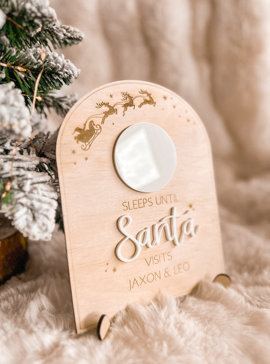 Sleeps until Santa visits Christmas countdown sign display for kids, interactive christmas decor, wood, acrylic with santa, and his sleigh, personalised design