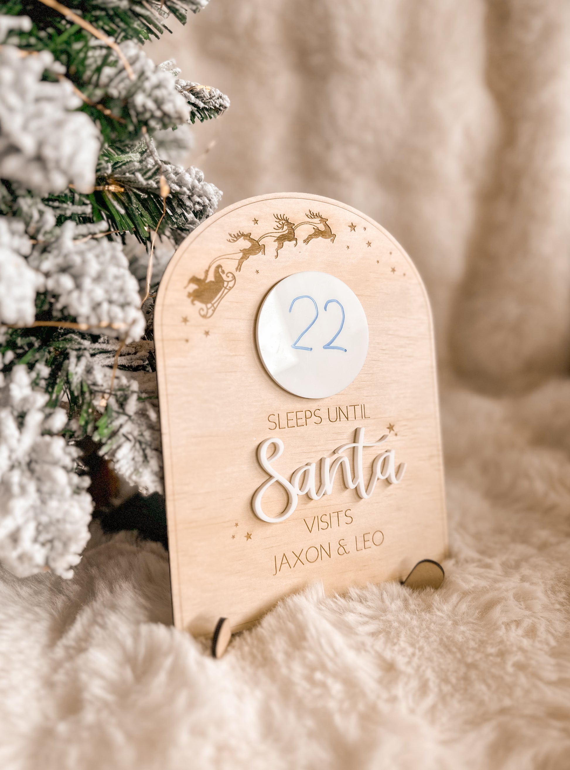 Sleeps until Santa visits Christmas countdown sign display for kids, interactive christmas decor, wood, acrylic with santa, and his sleigh, personalised design