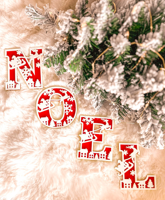 Christmas themed decorative wall letters with snowflake, reindeer and santa and his sleigh designs, 3D layered acrylic and wood letters alphabet for personalised custom name or phrase Christmas decor