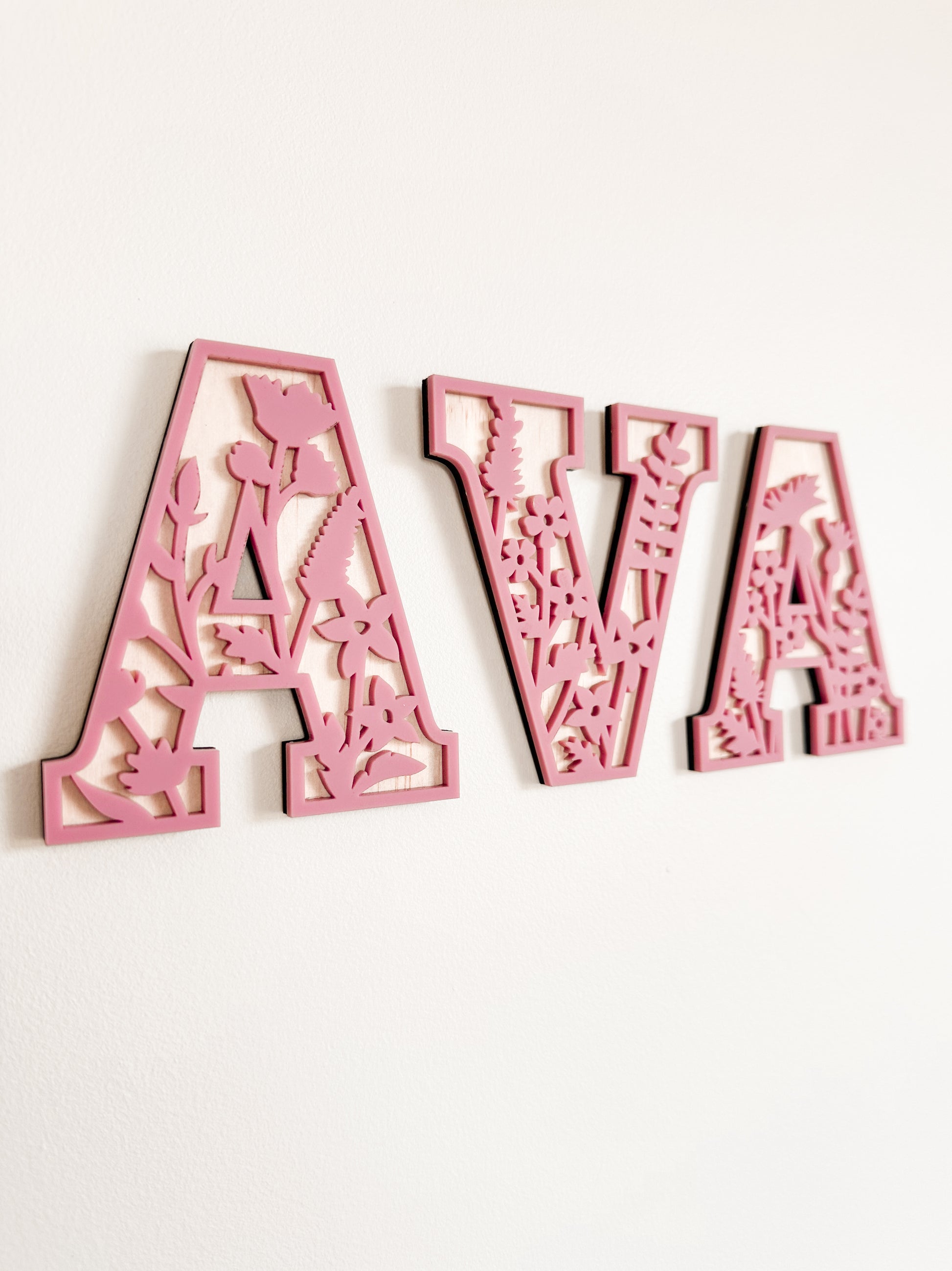 Girl's room decorative wall letters with wildflower floral flower theme, 3D layered acrylic and wood letters alphabet for personalised custom name