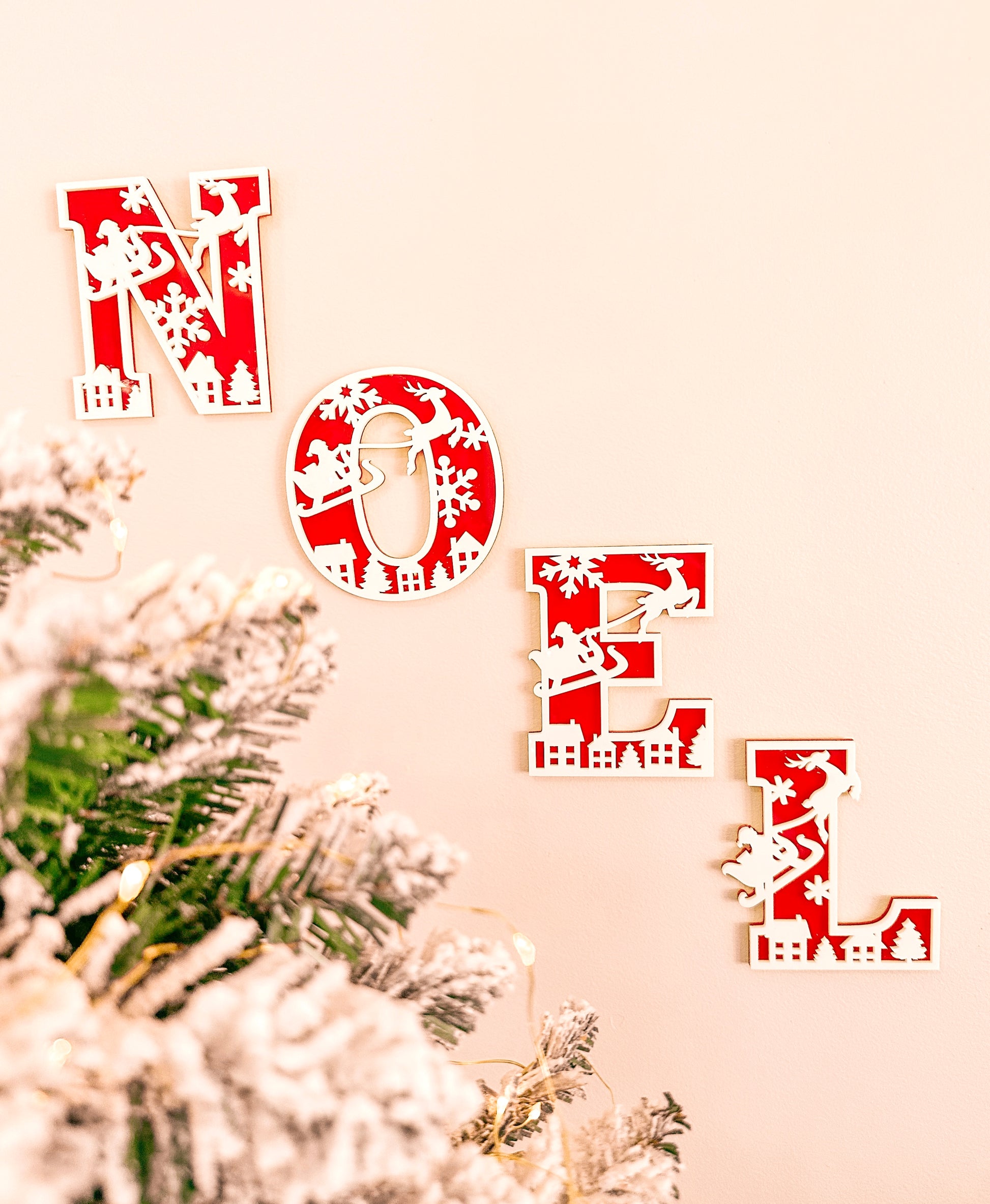 Christmas themed decorative wall letters with snowflake, reindeer and santa and his sleigh designs, 3D layered acrylic and wood letters alphabet for personalised custom name or phrase Christmas decor