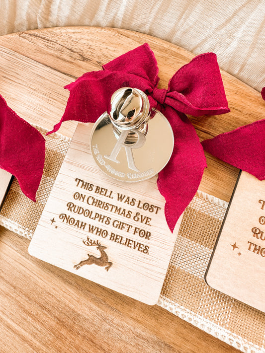 Rudolph's lost bell with decorative bell, red ribbon and wooden plaque that can be personalised