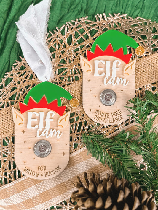 Personalised elf-themed Santa Cams for Christmas surveillance, laser engraved on wood and acrylic