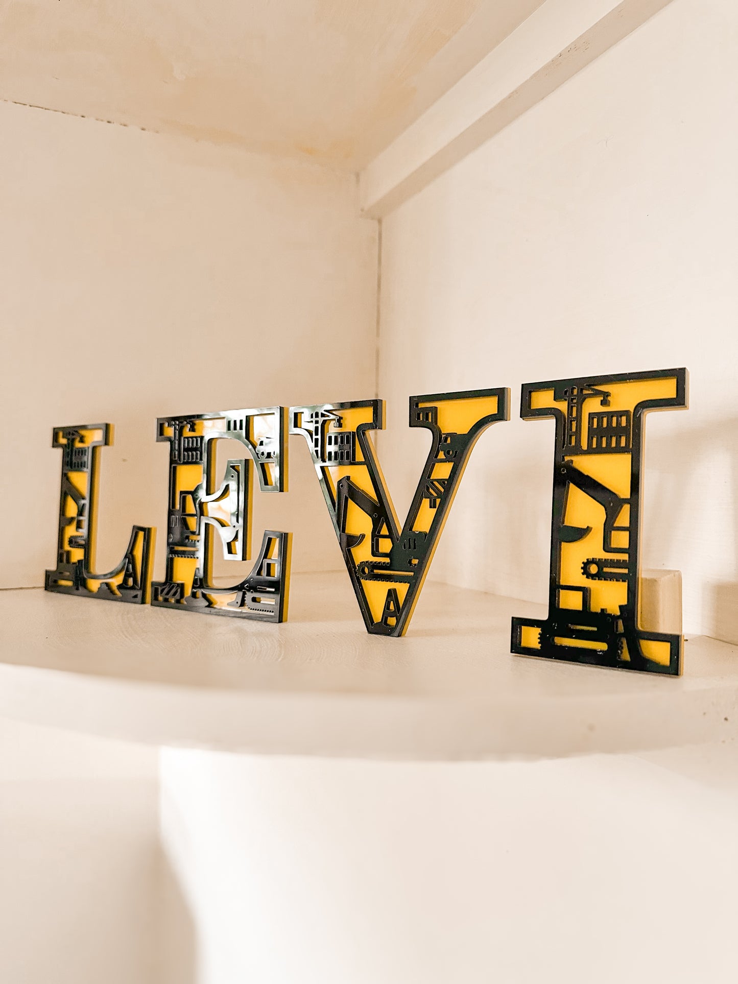 Boy's room decorative wall letters with construction site theme, 3D layered acrylic and wood letters alphabet for personalised custom name featuring digger, excavator, worksite, loader, machinery