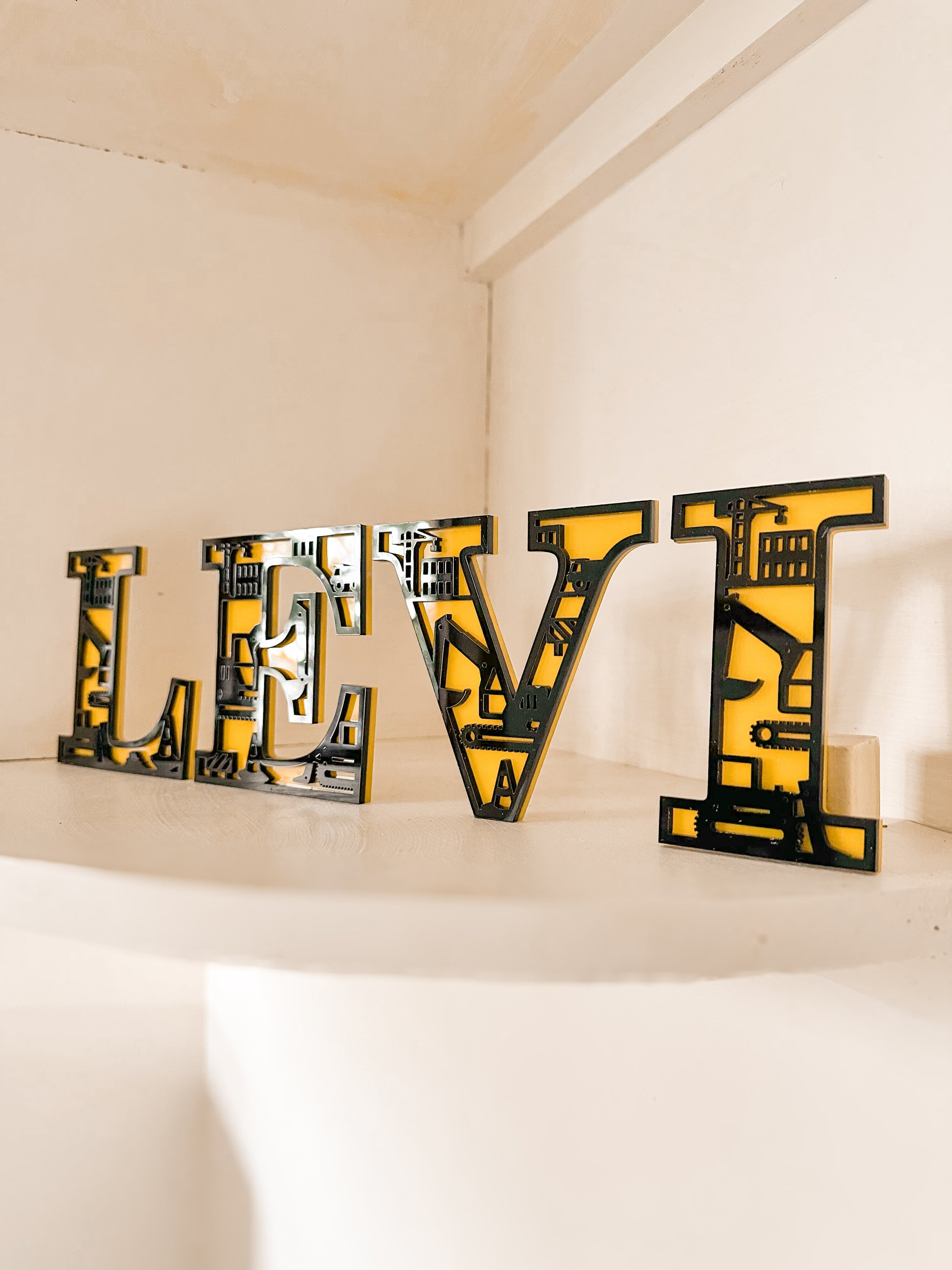 Boy's room decorative wall letters with construction site theme, 3D layered acrylic and wood letters alphabet for personalised custom name featuring digger, excavator, worksite, loader, machinery