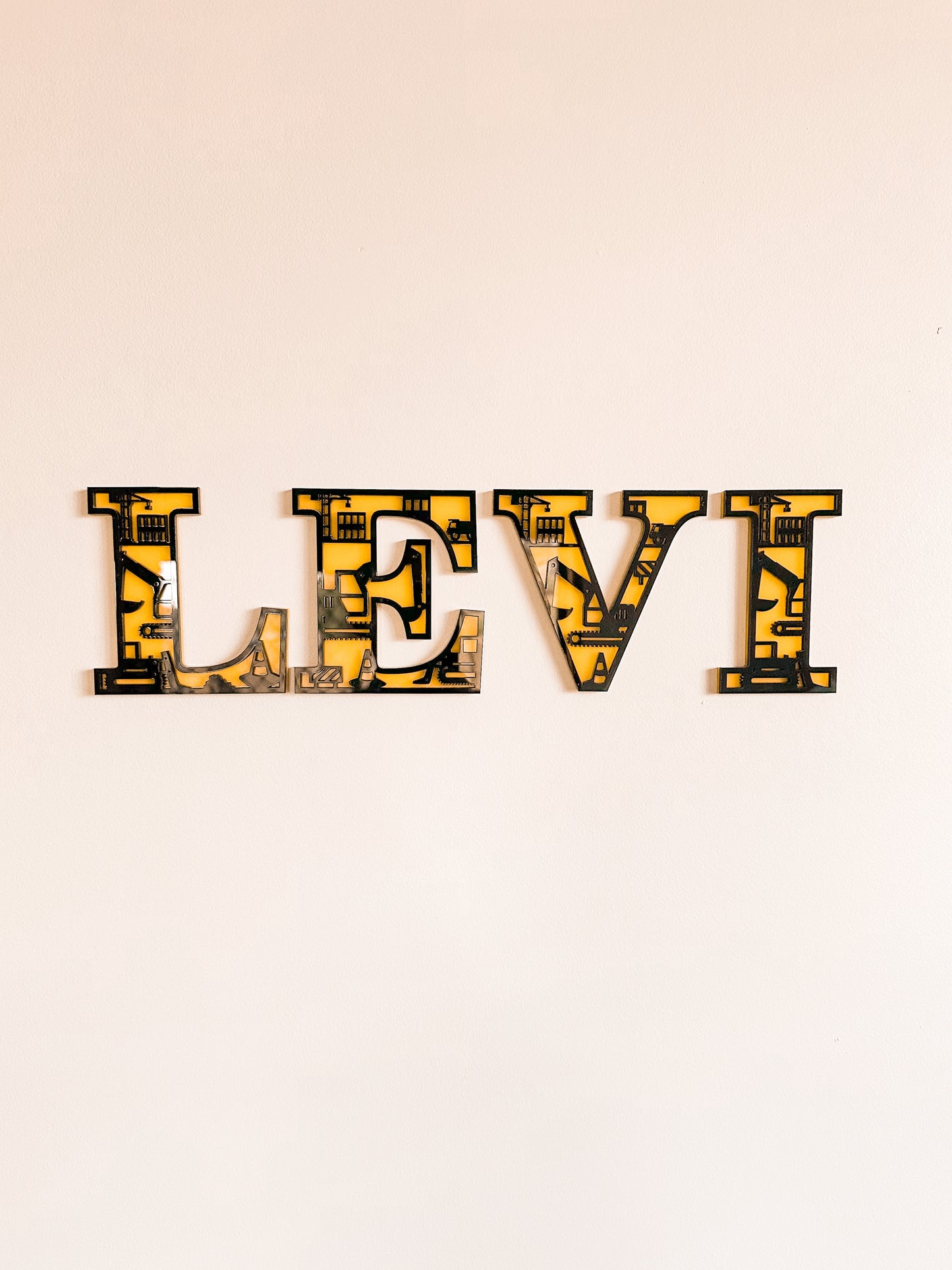 Boy's room decorative wall letters with construction site theme, 3D layered acrylic and wood letters alphabet for personalised custom name featuring digger, excavator, worksite, loader, machinery