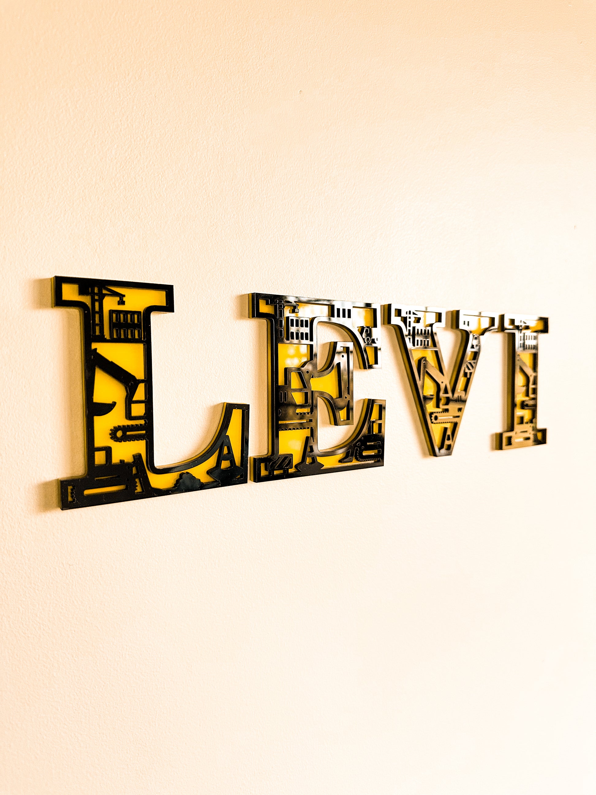 Boy's room decorative wall letters with construction site theme, 3D layered acrylic and wood letters alphabet for personalised custom name featuring digger, excavator, worksite, loader, machinery