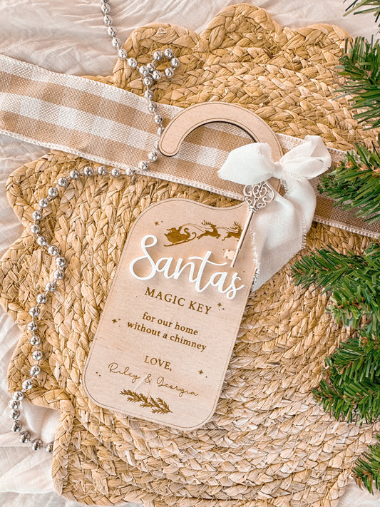 Santa's magic key door hanger personalised engraved sign with key