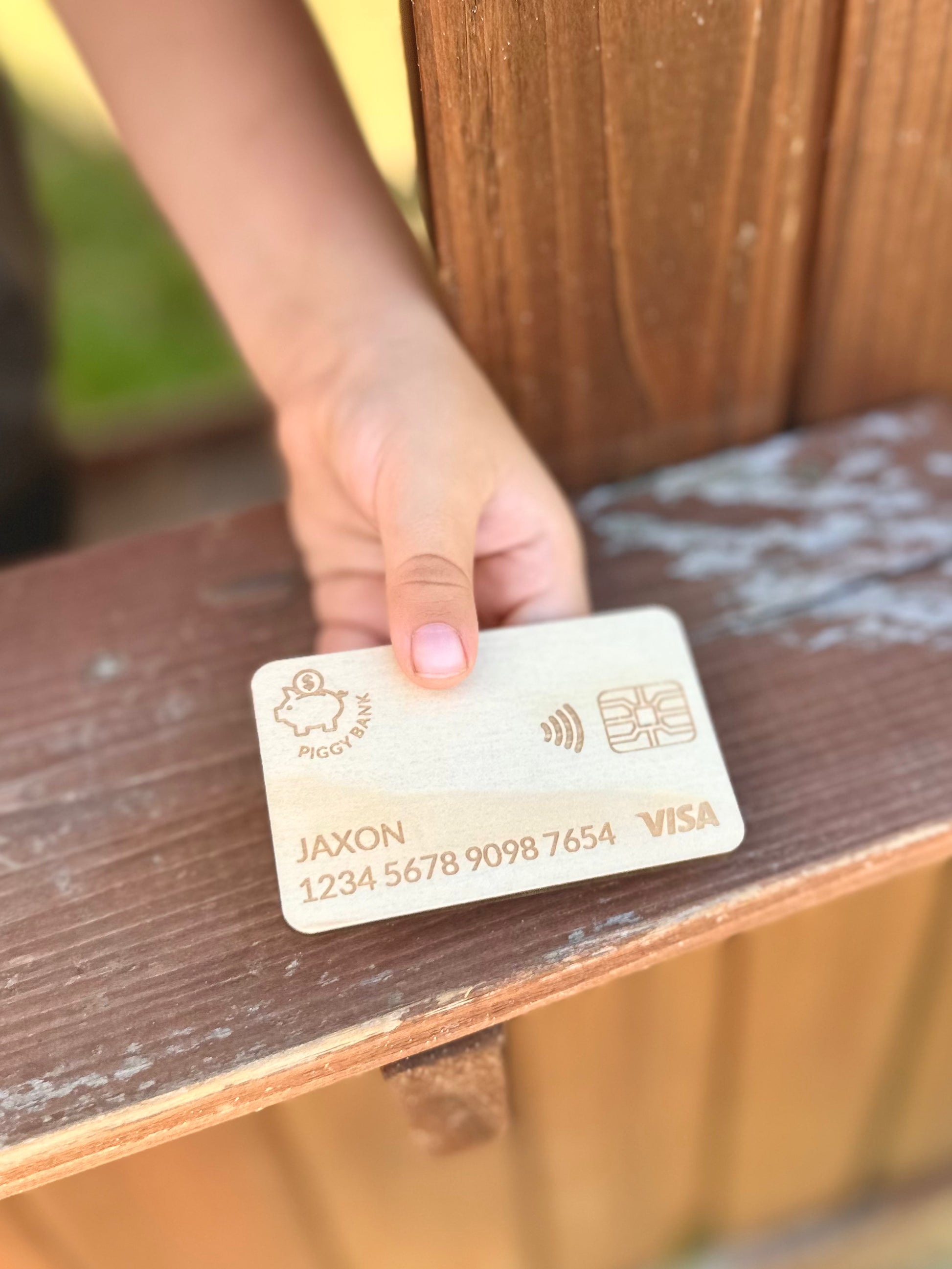 personalised wooden engraved kids bank card for pretend cafe play