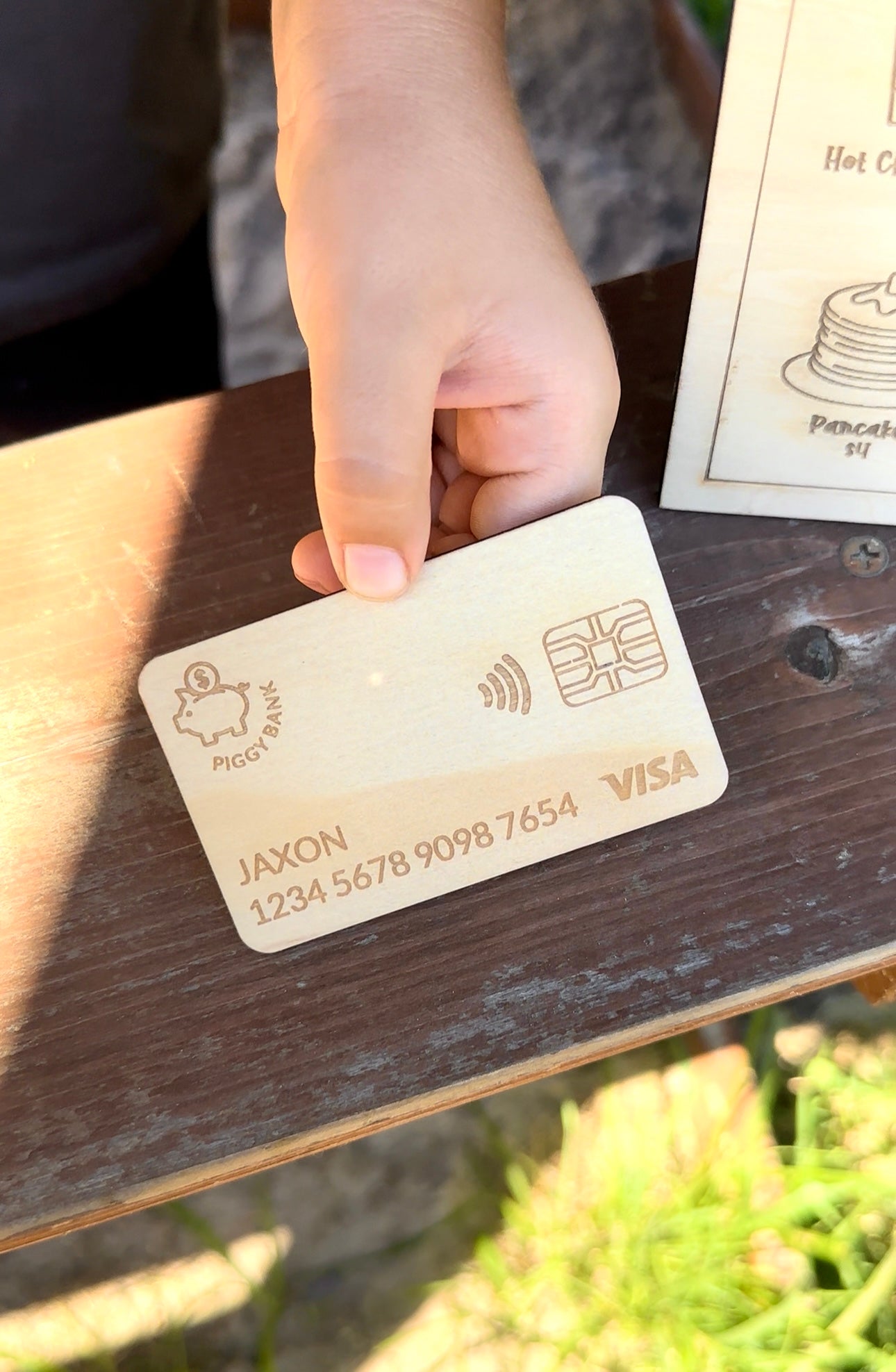 personalised wooden engraved kids bank card for pretend cafe play