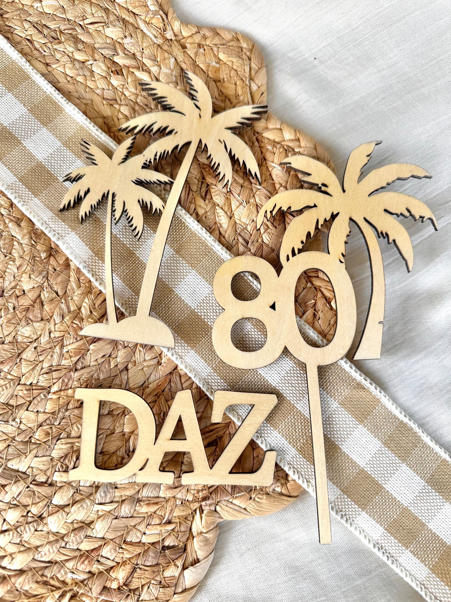 Personalised Wooden Cake Topper Set |Personalised Beach & Palm Tree Wooden Cake Topper Set | Tropical Birthday Cake Decorations | Natural Wooden Party Décor
