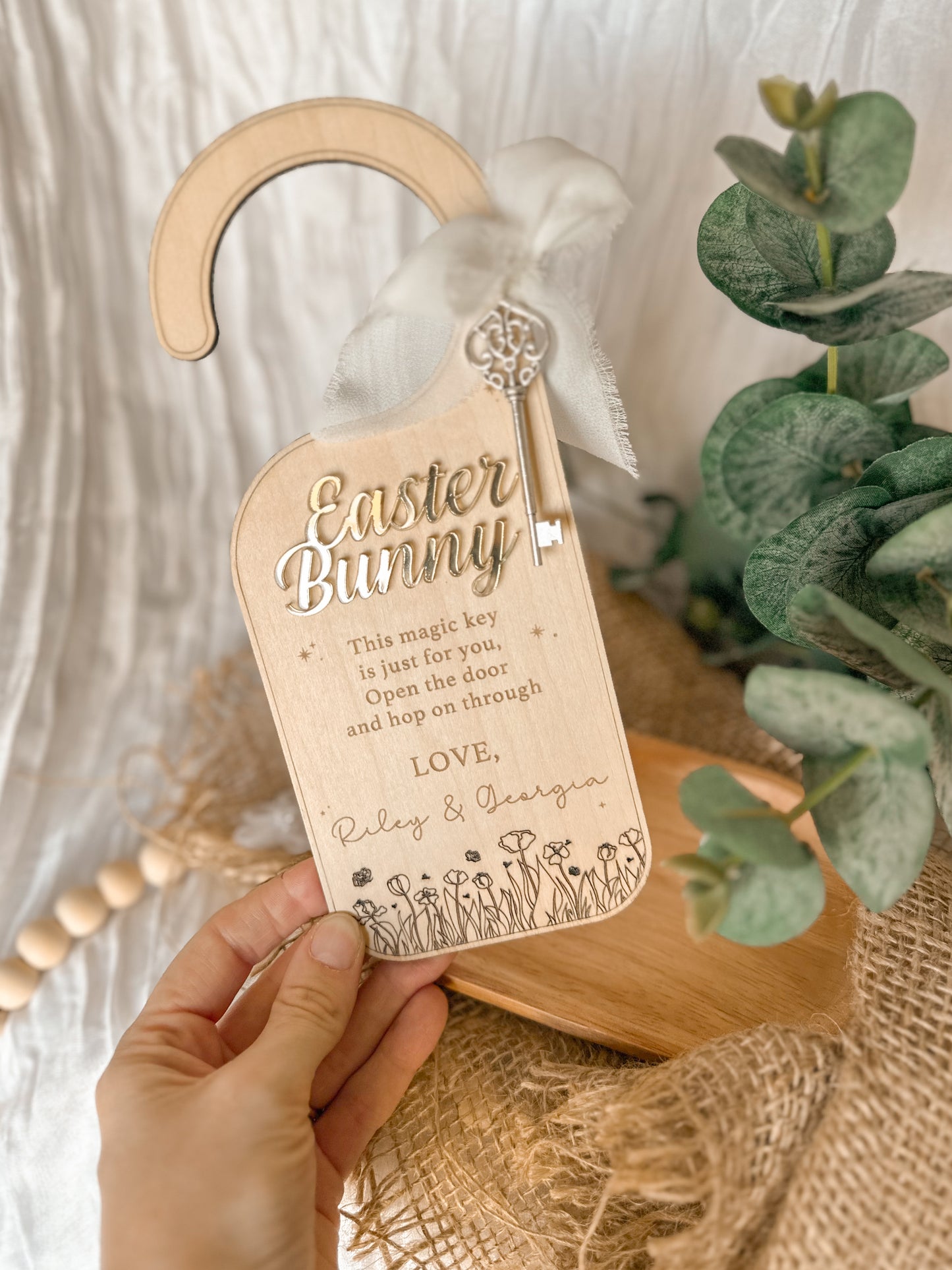 Personalised Easter Bunny Magical Key Door Hanger | Engraved Wooden & Acrylic Kids’ Gift