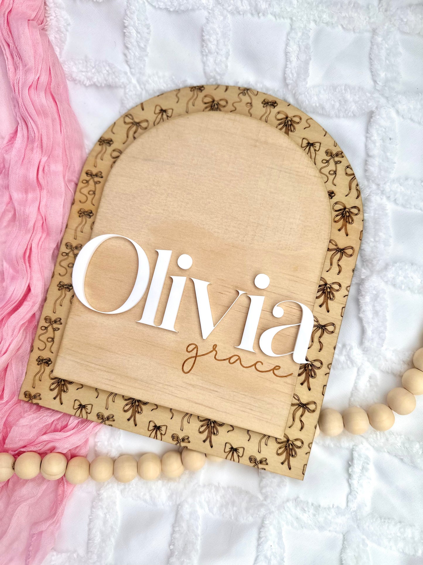 baby Wooden name plaque with personalised name and bows design, ribbon bow theme, for baby girl, nursery decor, baby shower, new baby gift, name birth announcement, girl room decor
