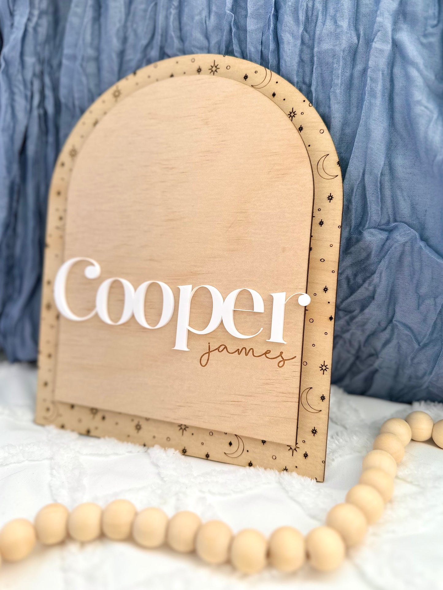 baby Wooden name plaque with personalised name and moon and stars design, night sky theme design, for baby boy, nursery decor, baby shower, new baby gift, name birth announcement, boys room decor