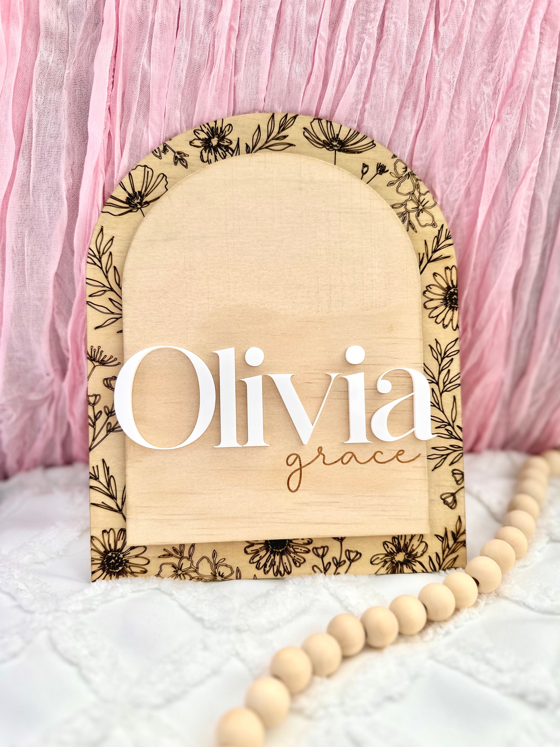 baby Wooden name plaque with personalised name and floral design, flowers and wildflowers for baby girl, nursery decor, baby shower, new baby gfift, name birth announcement, girls room decor