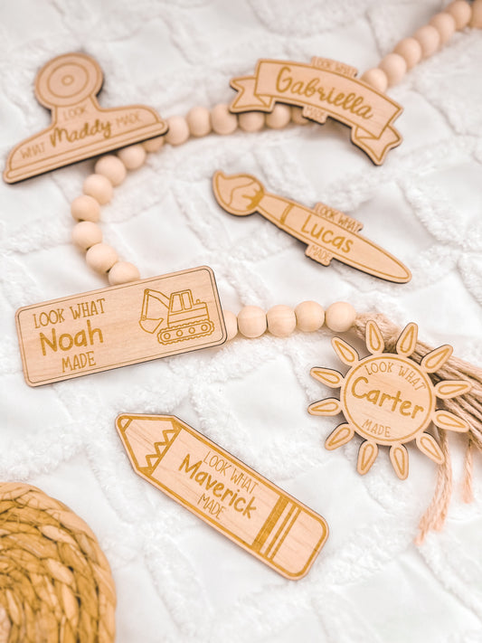 Personalised wooden magnets for kids to display their artworks on the fridge, custom engraved magnets